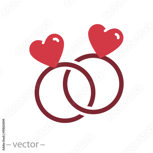 two rings with hearts for lovers icon, feelings and love, concept of valentines day, flat web symbol, vector illustration