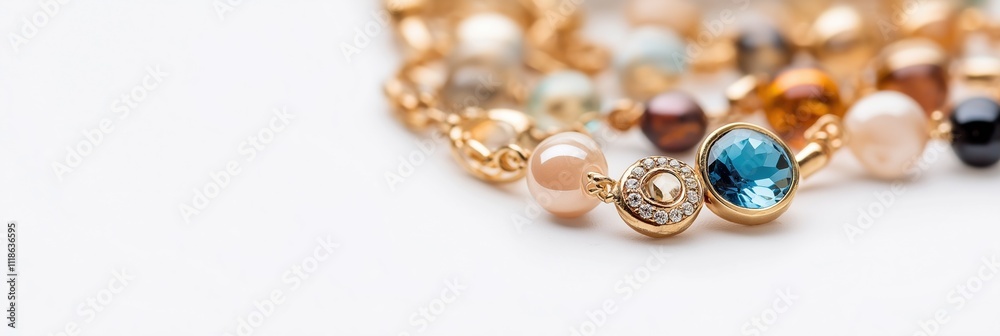 A gold and blue necklace with a blue stone in the middle. The necklace is made of gold and has a variety of colored beads A gold and blue necklace with a blue stone in the middle. The necklace is made of gold and has a variety of colored beads