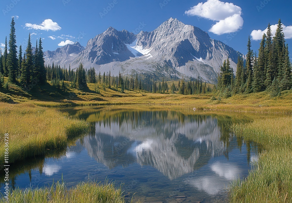 Serene Mountain Landscape with Reflections in Calm Water Surrounded by Evergreen Trees and Vibrant Grass Under a Bright Blue Sky with Fluffy Clouds Serene Mountain Landscape with Reflections in Calm Water Surrounded by Evergreen Trees and Vibrant Grass Under a Bright Blue Sky with Fluffy Clouds