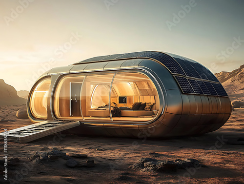 A futuristic modular home designed for Mars exploration, equipped with solar panels and airlocks photo