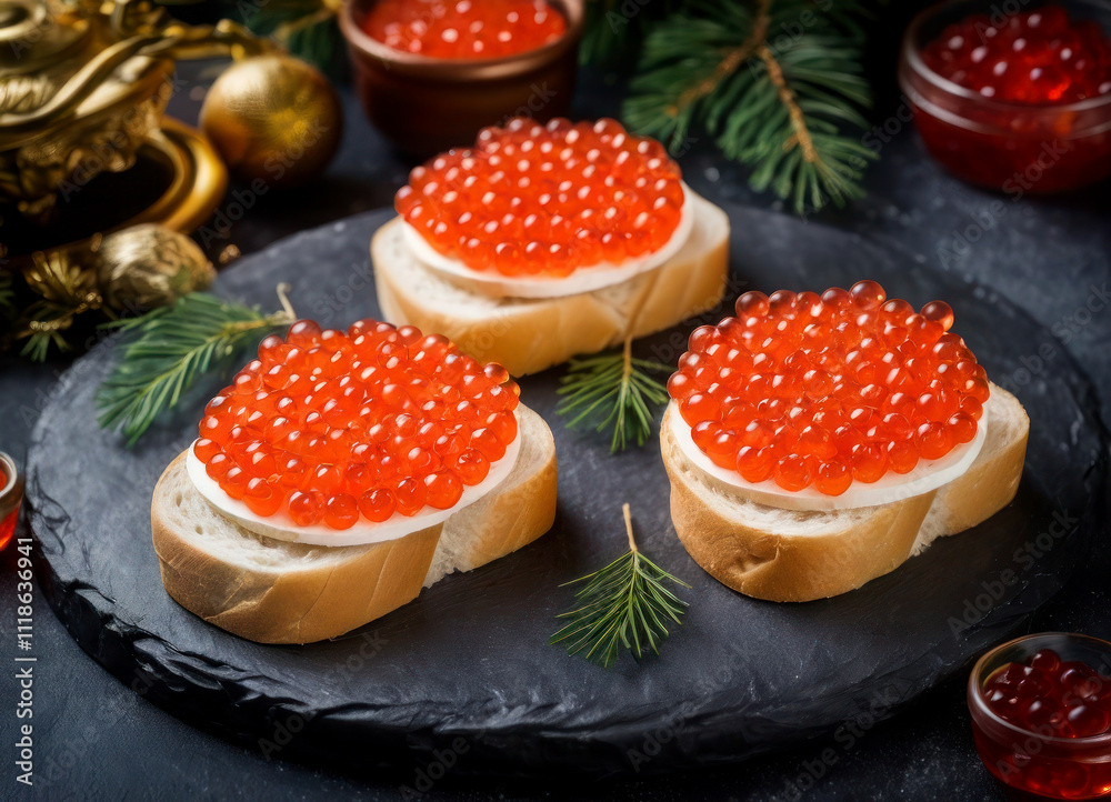 Sandwich with red caviar. Salted salmon caviar with bread. A tasty and expensive fish delicacy. Christmas canapés with caviar. Sandwich with red caviar. Salted salmon caviar with bread. A tasty and expensive fish delicacy. Christmas canapés with caviar.