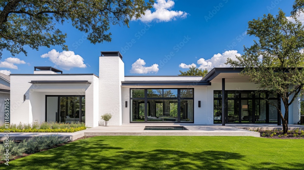 Modern white house with large windows, expansive lawn, and mature trees. Modern white house with large windows, expansive lawn, and mature trees.