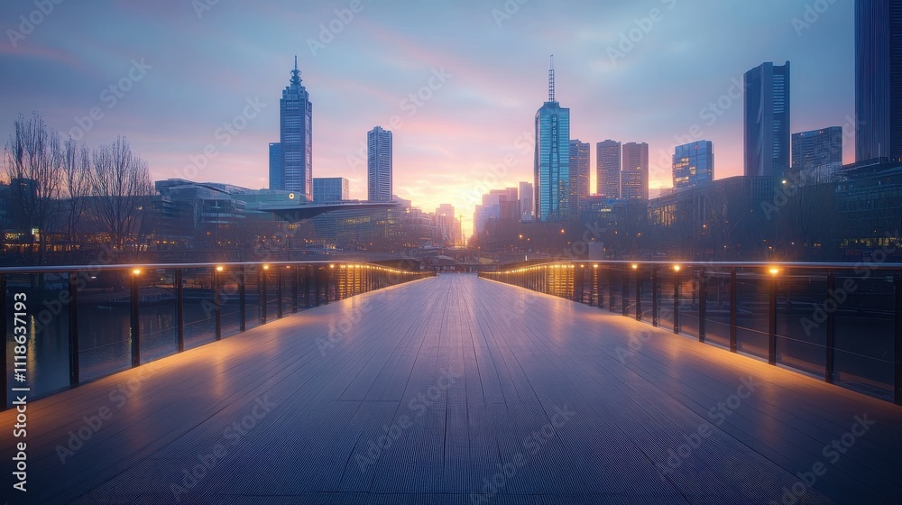 Obraz premium City skyline at dawn featuring an empty square floor and a futuristic bridge