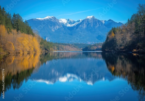 Serene Mountain Reflection on Calm Lake at Dawn with Snow-Capped Peaks and Lush Greenery Along the Shoreline in Beautiful Autumn Colors