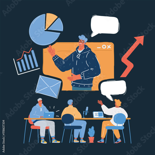 Cartoon vector illustration of webinar, online learning, professional lectures in internet. People get together online traslation, conference on dark backround.
