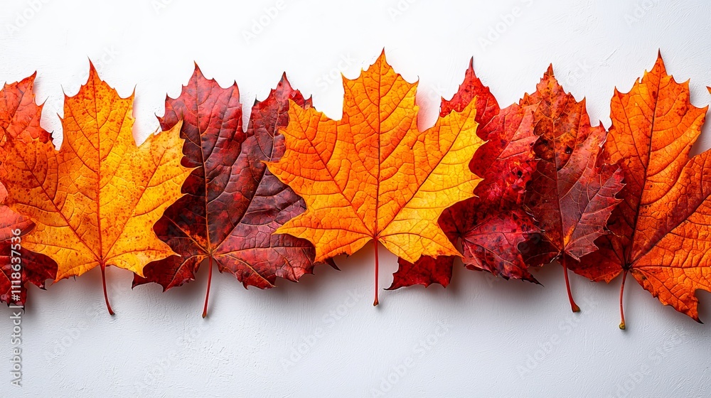 Fototapeta premium A row of red and yellow maple leaves on a white surface