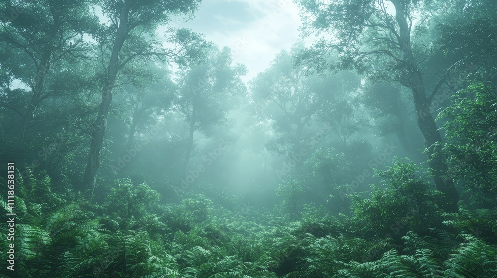 Fototapeta premium A foggy forest filled with lots of trees and ferns