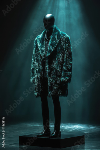 A mannequin dressed in a luxurious turquoise fur coat. Dark background with a single spotlight highlighting the contrast between beauty and controversy. photo