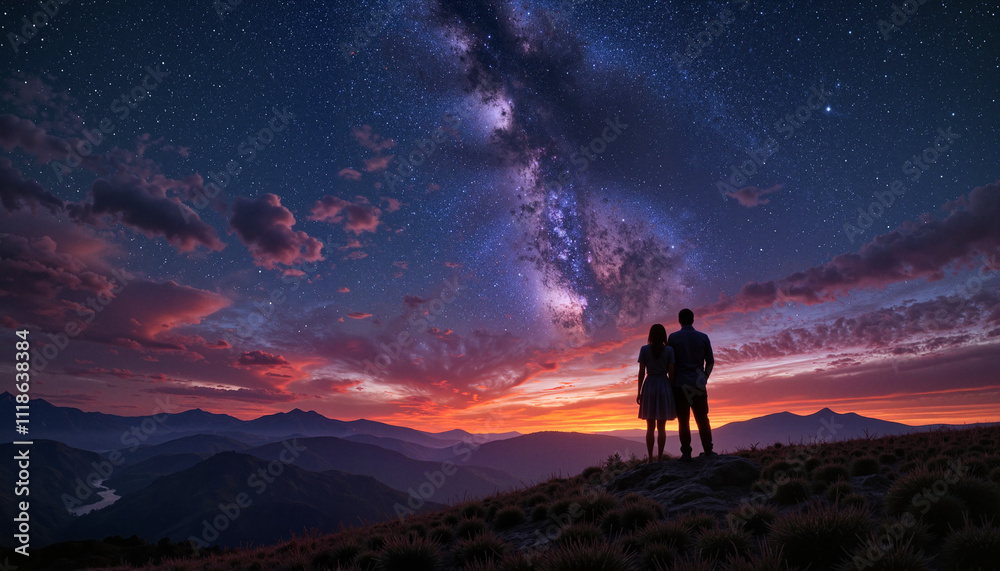 Couple stargazing under the Milky Way
A couple standing under the mesmerizing Milky Way, surrounded by twilight and distant mountains. Couple stargazing under the Milky Way
A couple standing under the mesmerizing Milky Way, surrounded by twilight and distant mountains.