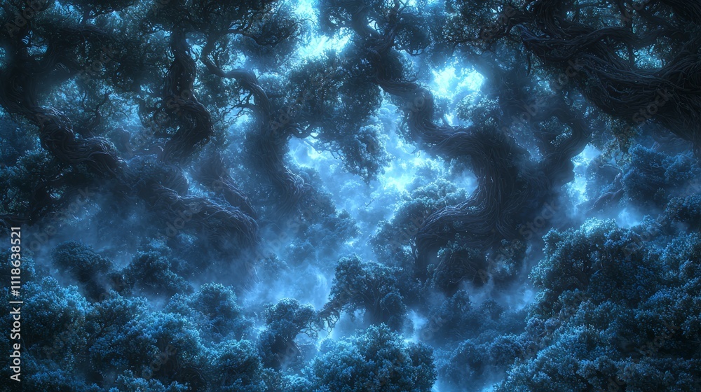 Fototapeta premium A dark forest filled with lots of trees covered in fog