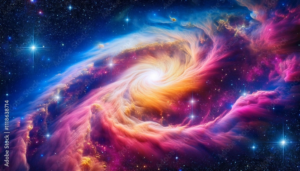 Fototapeta premium a vibrant nebula with swirls of pink blue and yellow gas against a background of twinkling stars