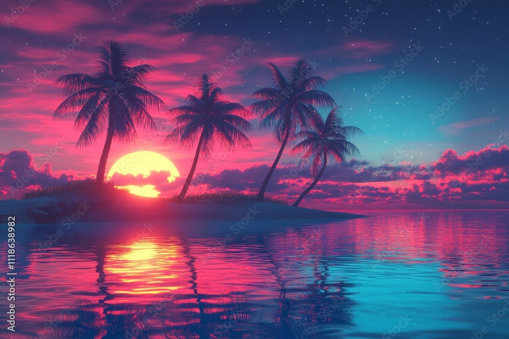 Tropical sunset, palm trees, ocean reflection. Tropical sunset, palm trees, ocean reflection.