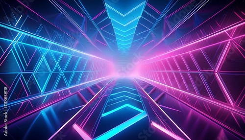 blue and pink geometric shapes and glowing lines form a background