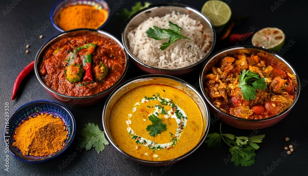 bowls and plates of colorful indian cuisine dishes on a dark background indian cuisine food bowls plates spicy