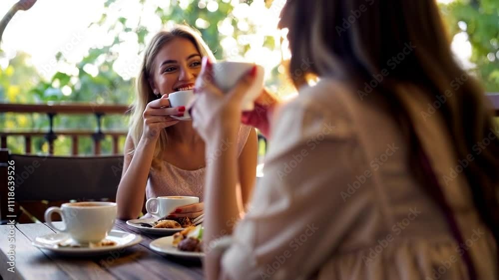 two smiling woman couple having fun in the garden cafe having breakfast in sunny summer weather, drinking cappuccino, woman friendship