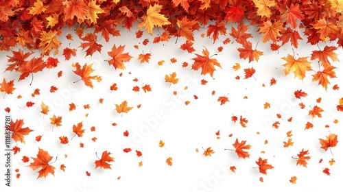 A bunch of orange and red maple leaves falling down on a white background