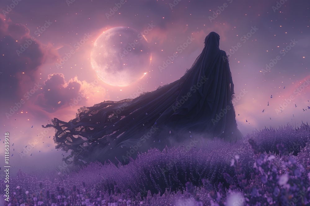 Fototapeta premium A mystical figure surrounded by vibrant lavender fields under a moonlit sky.