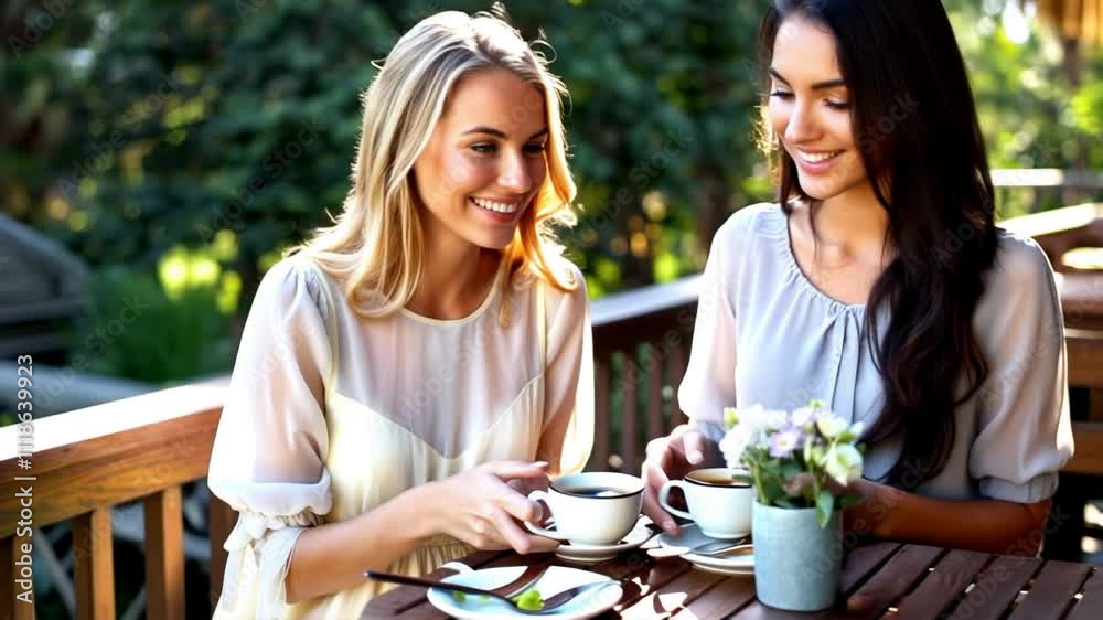 two smiling woman couple having fun in the garden cafe having breakfast in sunny summer weather, drinking cappuccino, woman friendship two smiling woman couple having fun in the garden cafe having breakfast in sunny summer weather, drinking cappuccino, woman friendship