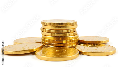 Neat Stack of Shiny Gold Coins with Reflective Surfaces, Isolated on White Background. photo