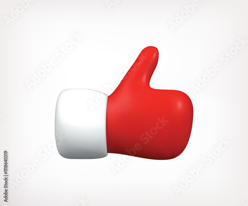 Thumb up gesture hand in Christmas mitten 3D vector icon. Winter warm red mitten Santa Claus glove accessory. Cartoon design element for New Year holidays like emoticon, positive reaction. like icon