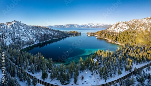 winter drone panorama of lake tahoe california s emerald bay with beautiful colors lake tahoe california emerald bay winter photo