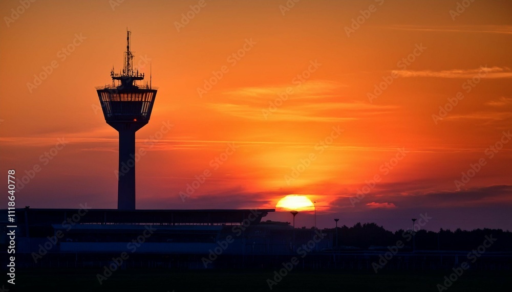 during a stunning sunrise on a clear summer morning silhouette of airport control tower at munich airport stands tall and proud casting a striking image against vibrant hues of sky symbolizing city during a stunning sunrise on a clear summer morning silhouette of airport control tower at munich airport stands tall and proud casting a striking image against vibrant hues of sky symbolizing city