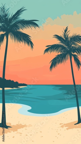 Tropical Sunset Beach Paradise: Two palm trees frame a vibrant sunset over a tranquil beach scene, evoking feelings of serenity and escape.  Perfect for travel, vacation, or summer themes. 