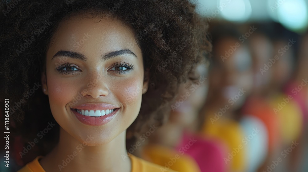 A woman with curly hair smiles at the camera A woman with curly hair smiles at the camera