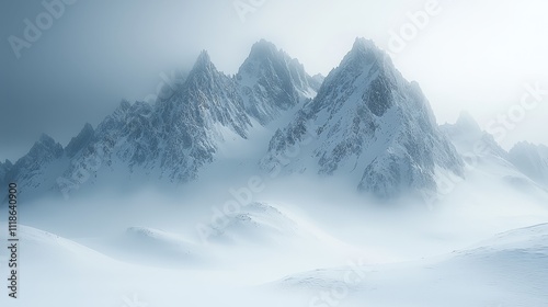 A snow covered mountain range covered in fog