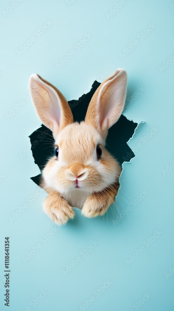 Obraz premium Bunny Peek-a-Boo: An adorable bunny rabbit pops its head through a torn light blue background, creating a playful and charming image perfect for Easter, spring, or pet-themed projects. 