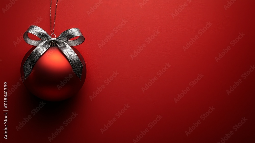 A red christmas ornament with a silver bow on a red background