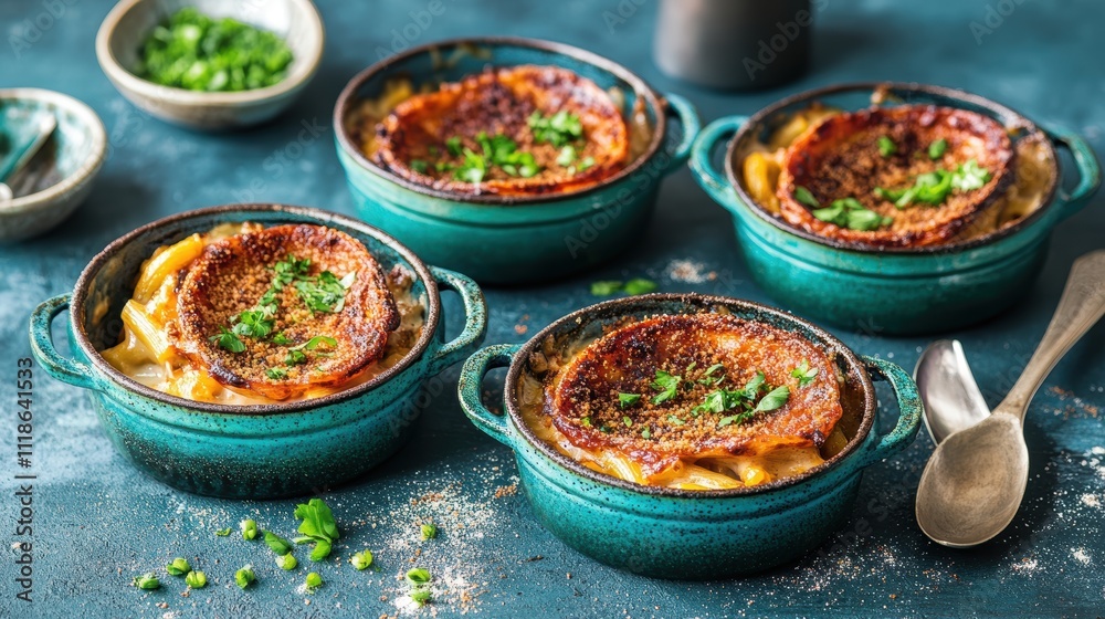 Four small, individual, teal-colored cast iron ramekins of baked cheesy pasta dish, topped with crispy, browned, and seasoned topping and fresh green onions. Four small, individual, teal-colored cast iron ramekins of baked cheesy pasta dish, topped with crispy, browned, and seasoned topping and fresh green onions.