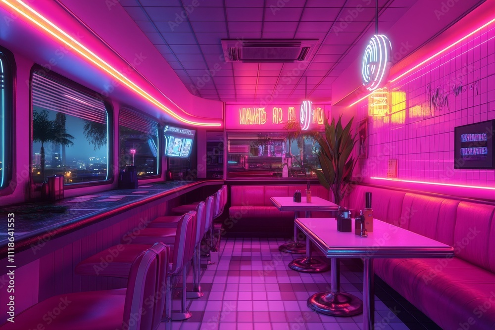 Neon-lit diner, retro booths, city night view. Neon-lit diner, retro booths, city night view.