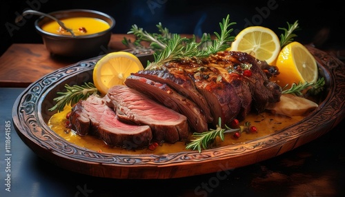 traditional barbecue lamb roast sliced with sauce lemon rosemarry in a design cast wooden plate generative ai photo