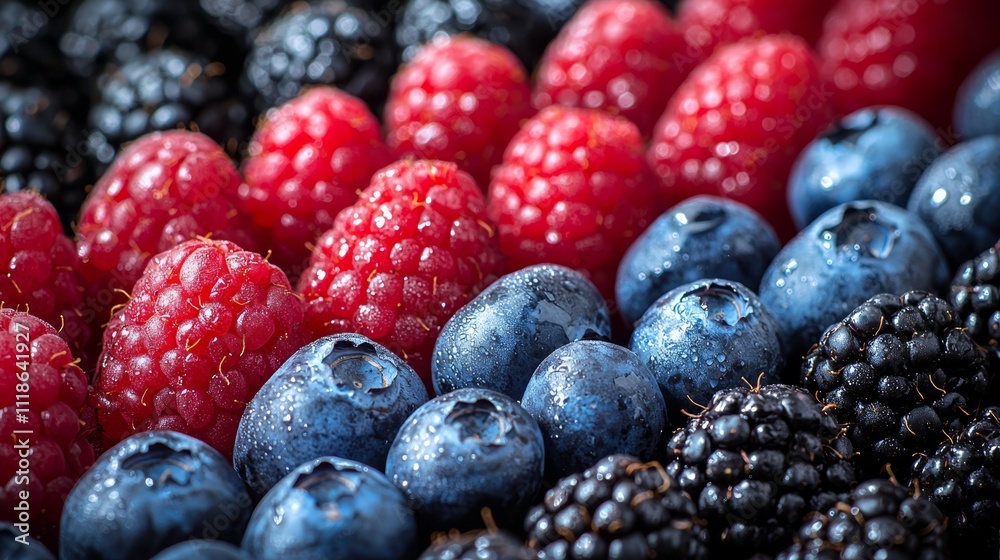 A close up of a pile of berries with water droplets