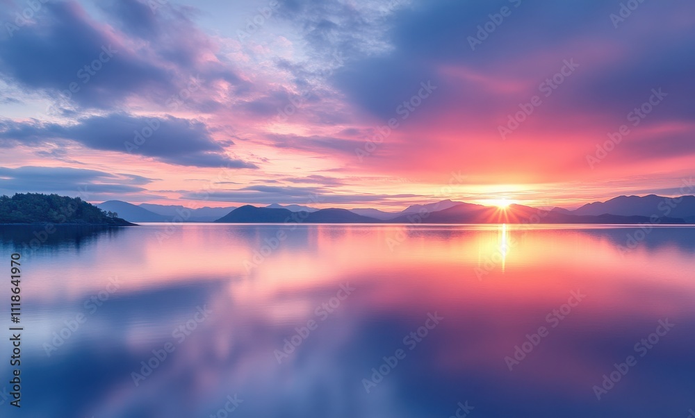 Fototapeta premium Serene Sunset Reflection Over Tranquil Lake Surrounded by Mountains and Soft Cloudy Sky in Vibrant Hues of Pink, Purple, and Orange at Dusk