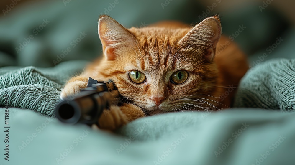 Obraz premium An orange cat laying on a bed with a gun in its mouth