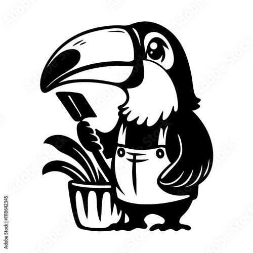 Toucan Gardener: A charming cartoon toucan, sporting overalls, tends to a potted plant with a trowel, showcasing a delightful blend of nature and care.  