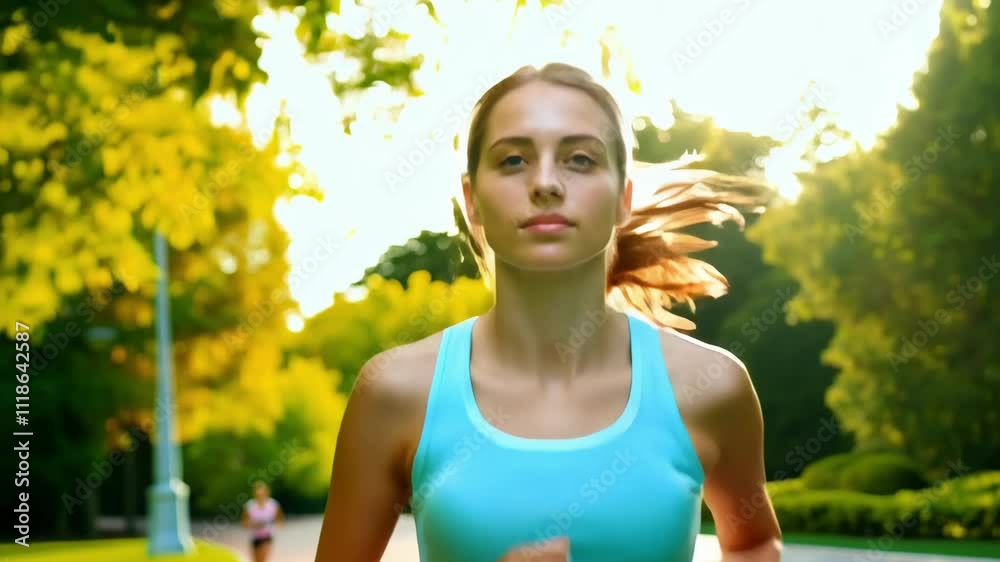 A young woman jogs confidently along a park path lined with trees as the warm sunlight filters through the leaves, creating a peaceful atmosphere.
