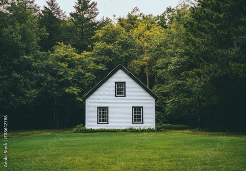 Serene White Cottage Surrounded by Lush Green Trees in a Tranquil Forest Setting, Perfect for Nature Lovers and Cottage Enthusiasts