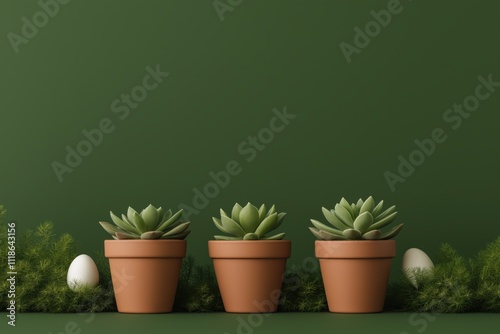 Easter succulent arrangement with terracotta pots and decorative eggs for spring decor