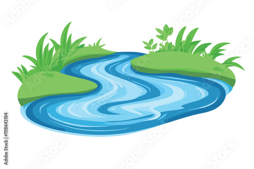 Water Resources with Pond and Narrow Stream Among Banks of Channel Vector Illustration