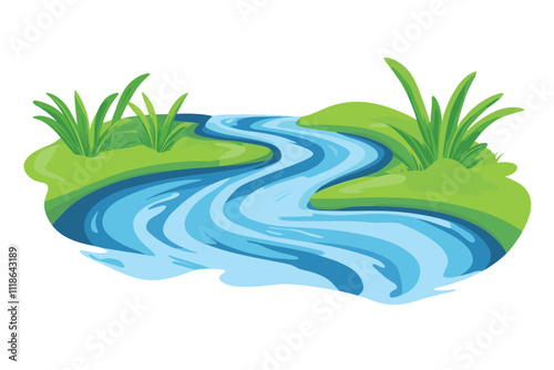 Water Resources with Pond and Narrow Stream Among Banks of Channel Vector Illustration