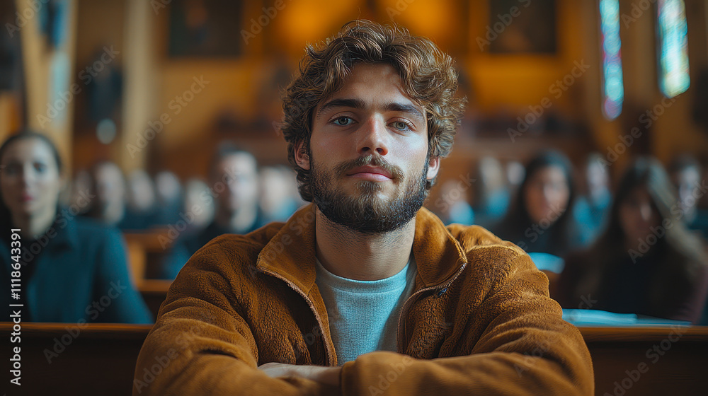 Obraz premium Engaged Audience in Church Conference: Young Man Listening Intently Amidst Crowd