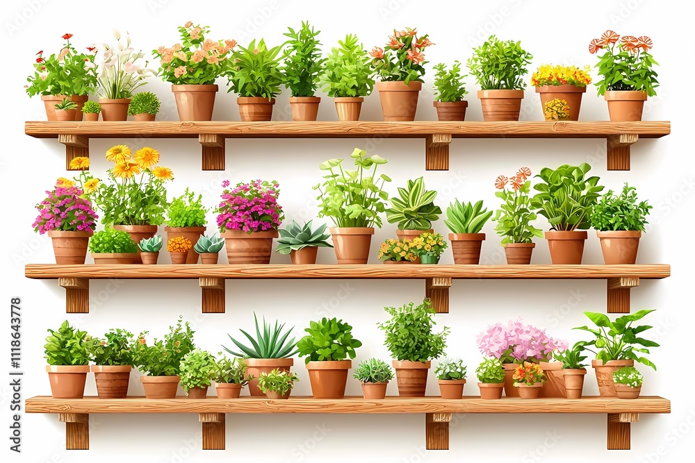 Vibrant Display of Potted Plants on Wooden Shelves in Bright Room Vibrant Display of Potted Plants on Wooden Shelves in Bright Room
