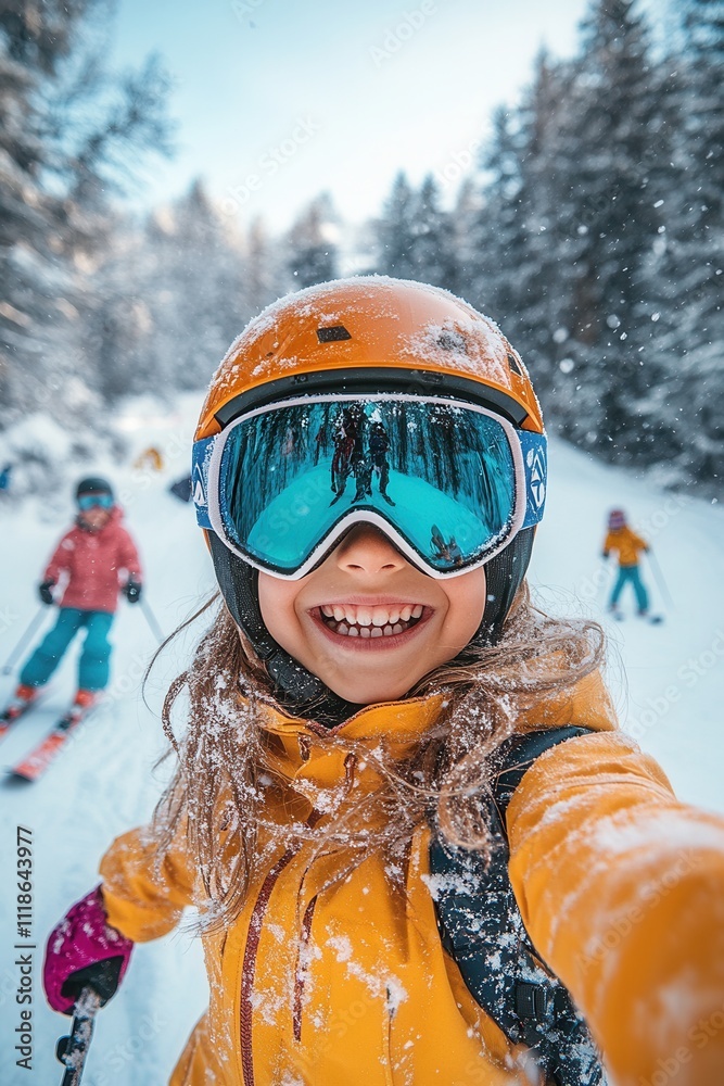 Smiling child enjoying a winter ski adventure in the snowy mountains with friends surrounded by trees on a bright sunny day Smiling child enjoying a winter ski adventure in the snowy mountains with friends surrounded by trees on a bright sunny day