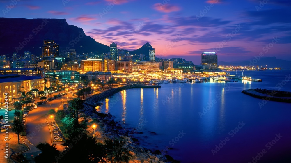 Fototapeta premium Night cityscape with harbor, mountains, and city lights reflecting on water.