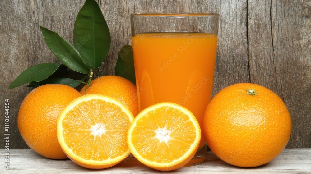 Fresh orange juice and oranges on a wooden surface. Fresh orange juice and oranges on a wooden surface.