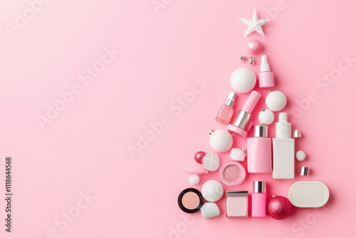 Christmas tree shape of decorative cosmetic products on pink background, flat lay with space for text. Winter care