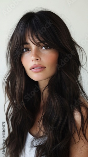 Young woman with long hair and bangs poses against a light background